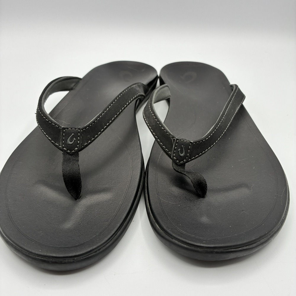 Olukai Flip Flops Womens 11 Ho'opio Black Leather Thong Flats Slip On Beach - Picture 7 of 10